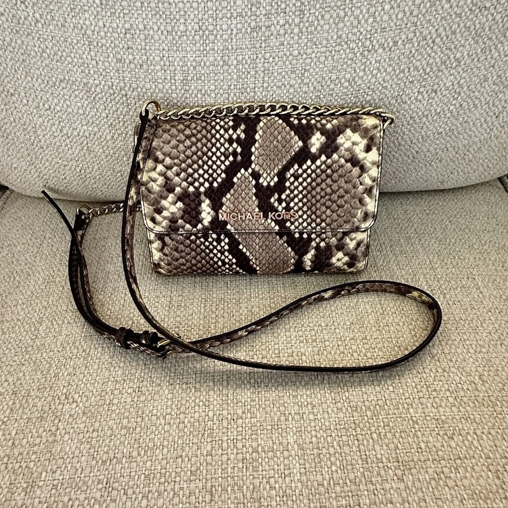 Michael Kors Jet Set Travel Large Phone Crossbody Snakeskin Gold Chain